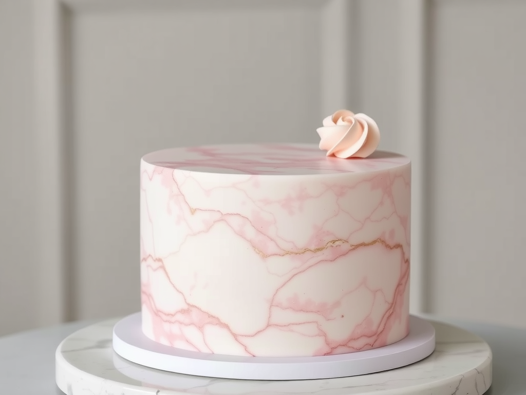 A marble effect cake in soft pink with gold accents and a decorative rose on top.