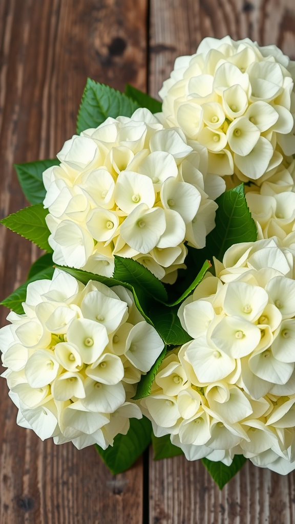 A beautiful arrangement of white hydrangeas with lush green leaves on a wooden surface.