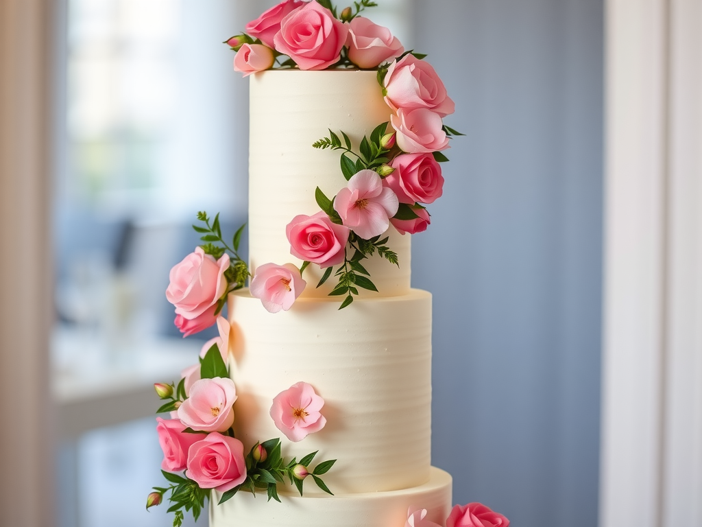A three-tiered wedding cake adorned with pink roses and greenery.