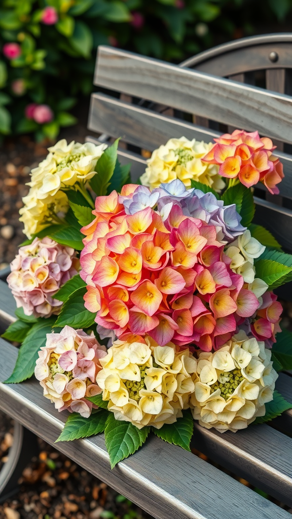 A vibrant mixed hydrangea bouquet featuring various colors on a wooden bench.
