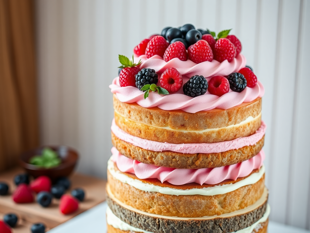 Naked cake with pink buttercream and fresh berries on top.