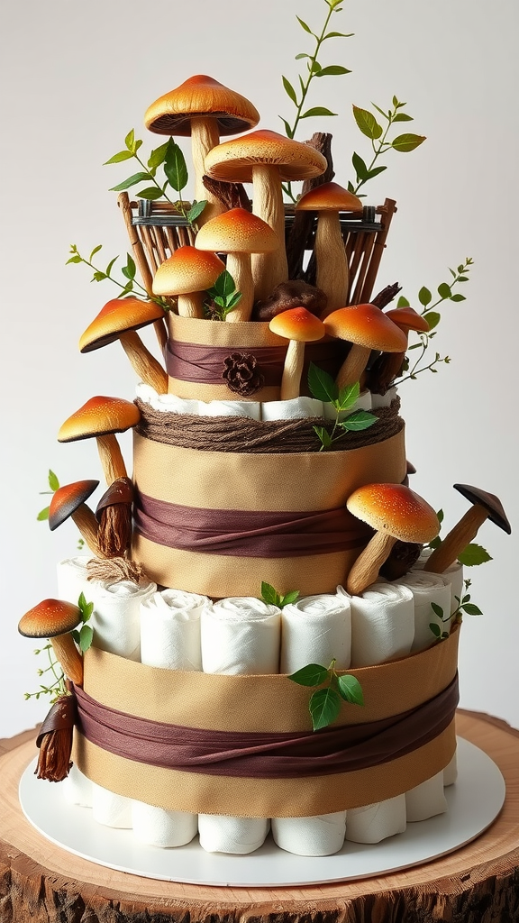 A three-tiered diaper cake decorated with realistic mushrooms and greenery on a wooden base.