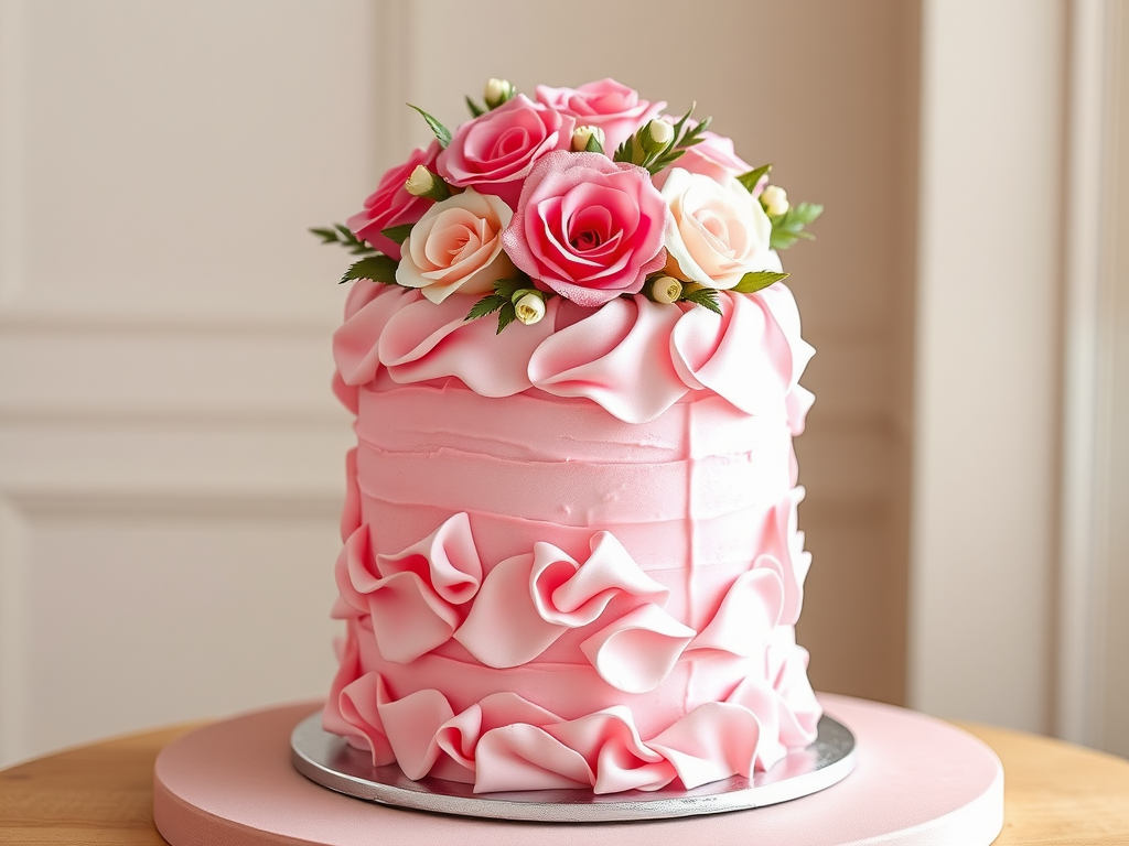 A beautifully decorated cake with pink buttercream ruffles and floral decorations on top.