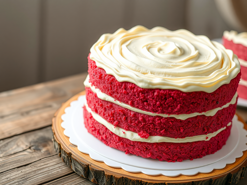 A three-layer pink velvet cake with cream cheese frosting on a wooden cake stand.