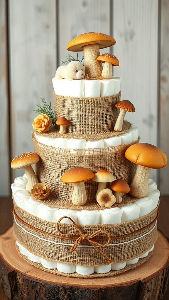 A rustic boho mushroom diaper cake made with diapers, burlap, and decorative mushrooms.
