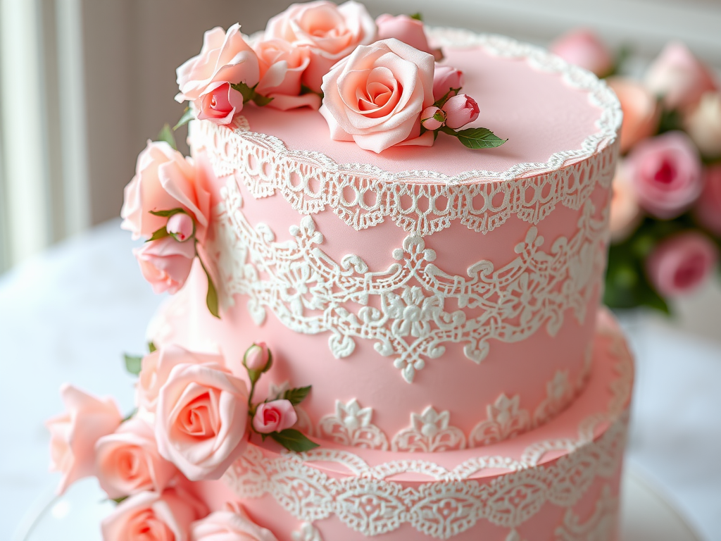 A two-tiered cake decorated with pink icing and white lace, adorned with pink roses.