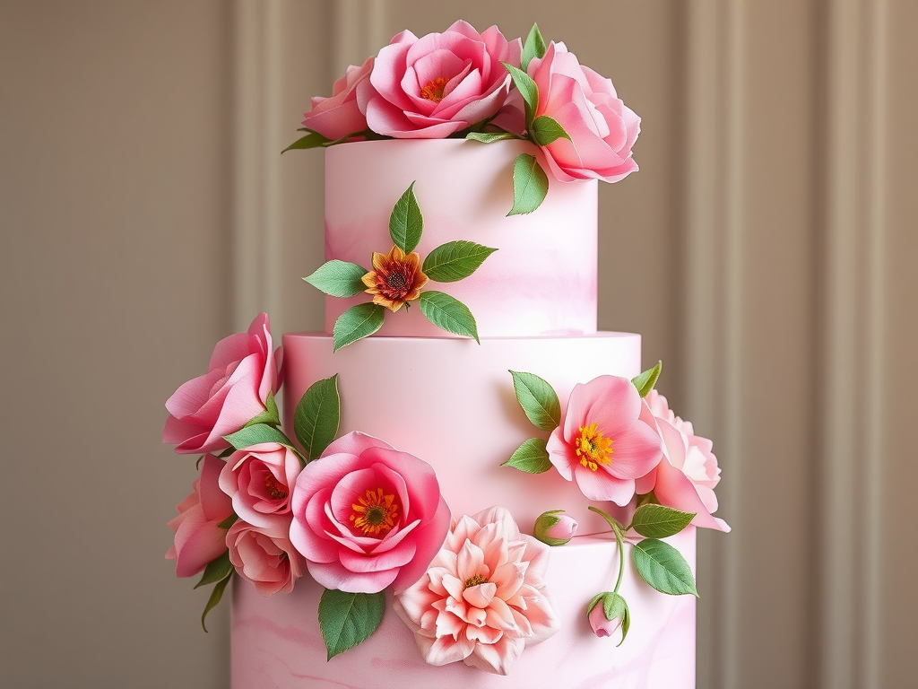 A beautiful three-tier cake decorated with pink watercolor flowers and green leaves.