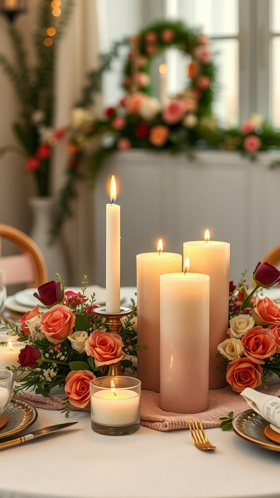 Candle arrangements with earthy tones and flowers for a wedding table setting.
