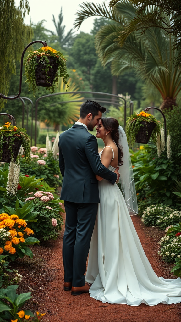 Couple embracing in a lush garden setting with colorful flowers at an earthy wedding.
