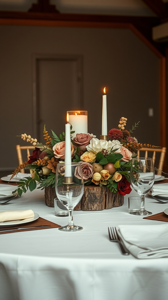 A rustic wedding centerpiece featuring a mix of flowers and candles on a wooden base.