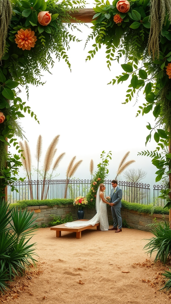 A couple standing in a wedding ceremony setup with earthy elements, surrounded by flowers and greenery.