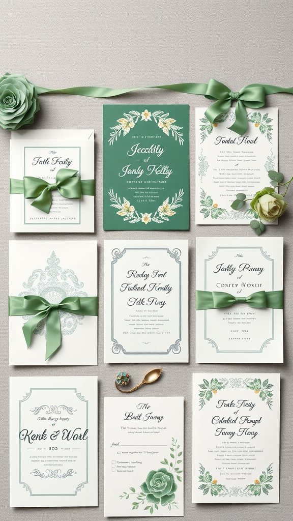 An array of chic sage green wedding invitations with floral designs and ribbons.