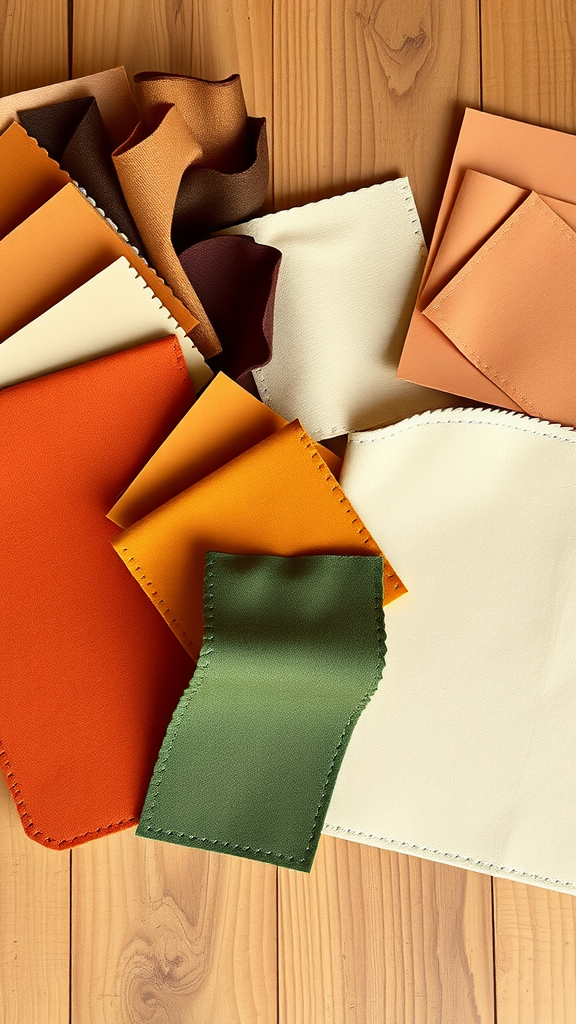 Assorted fabric swatches in earth tones including orange, green, and cream on a wooden table.