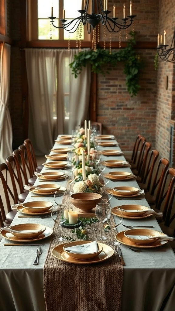 A beautifully set dining table featuring earth tone colors, elegant plates, and natural decor for a wedding.