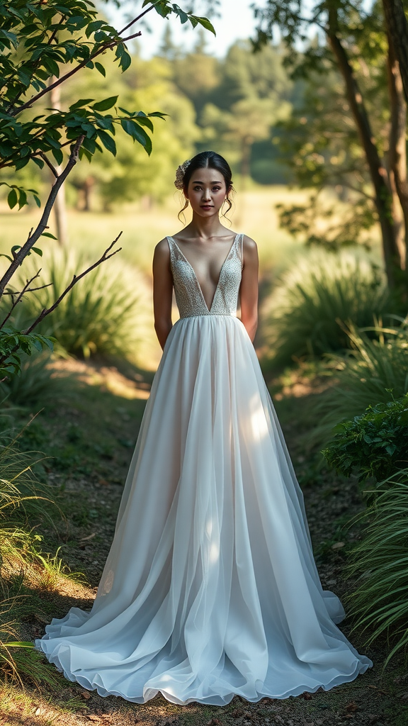 Bride in a flowing gown standing in a natural setting with greenery.