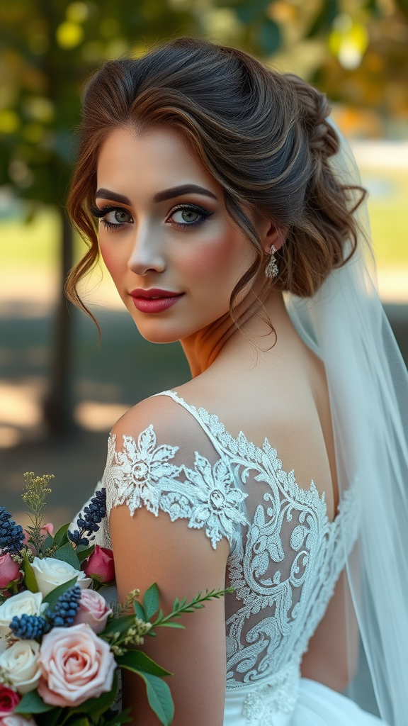 A bride with elegant hair and makeup, holding a bouquet, set in an outdoor environment