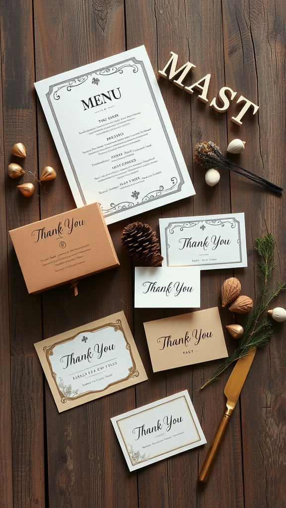 A collection of earth tone wedding stationery including a menu and thank you cards, arranged on a wooden surface with natural decor.