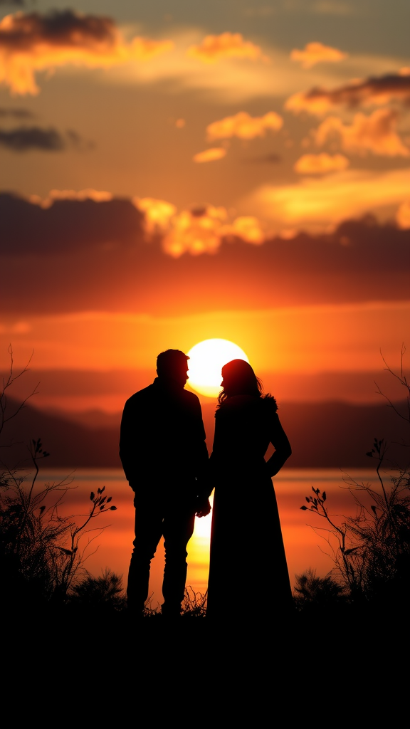 Silhouette of a couple holding hands at sunset