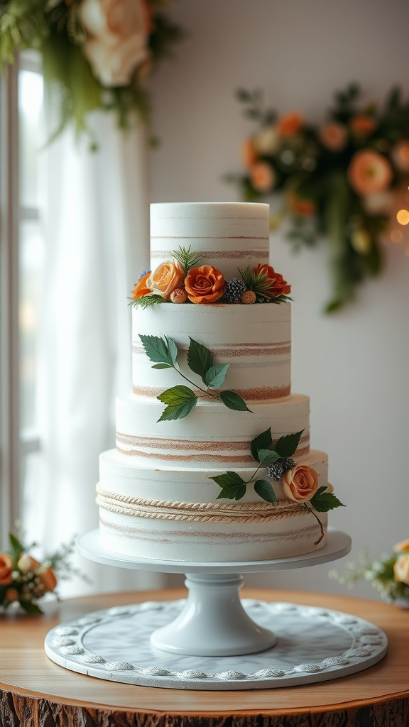 An elegant multi-tiered wedding cake with earth tone colors and floral decorations.