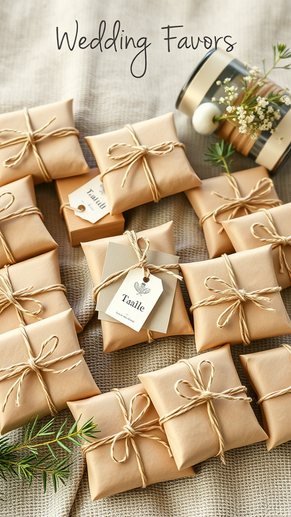 Image of beautifully wrapped wedding favors in earth tones, tied with twine and featuring a small tag.