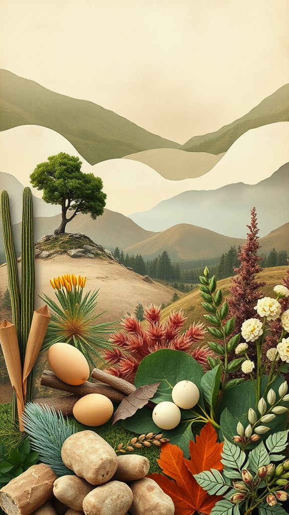 A scenic landscape featuring mountains, a tree, and various natural elements like plants and rocks, representing inspiration for an Earth Tone Wedding.
