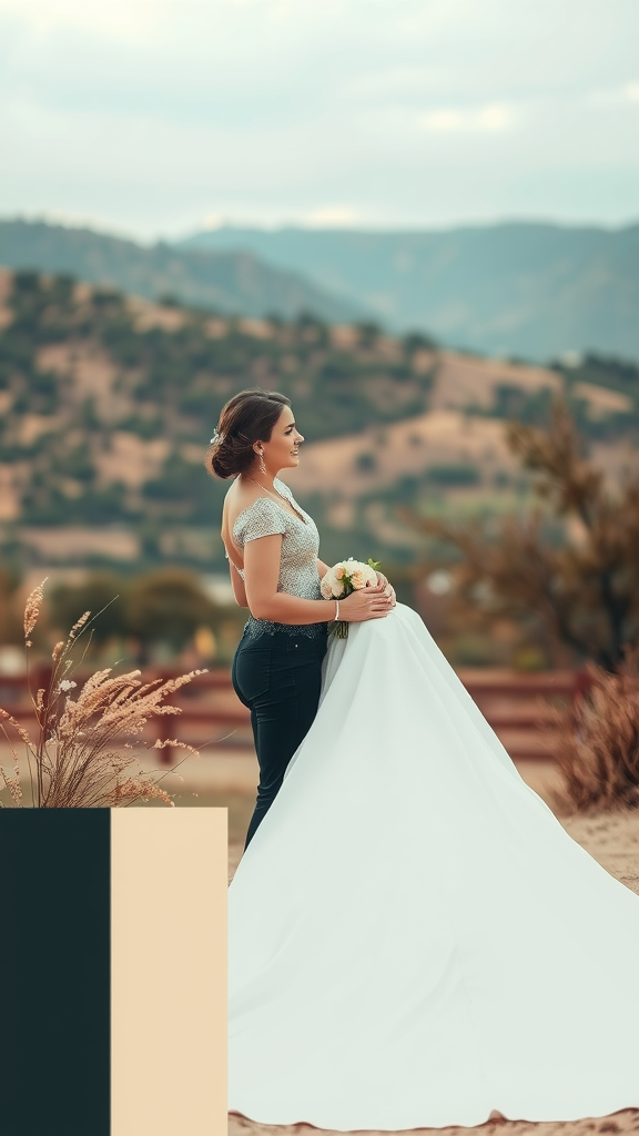 Bride wearing a white dress and jeans, standing in an outdoor setting with mountains in the background.