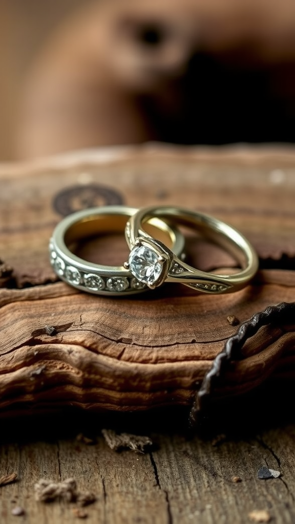Two wedding rings with earthy tones resting on a wooden surface