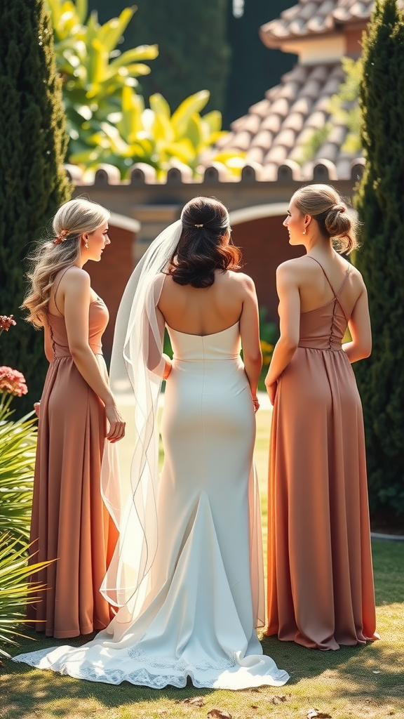 Brides and bridesmaids in earthy-toned dresses standing outdoors