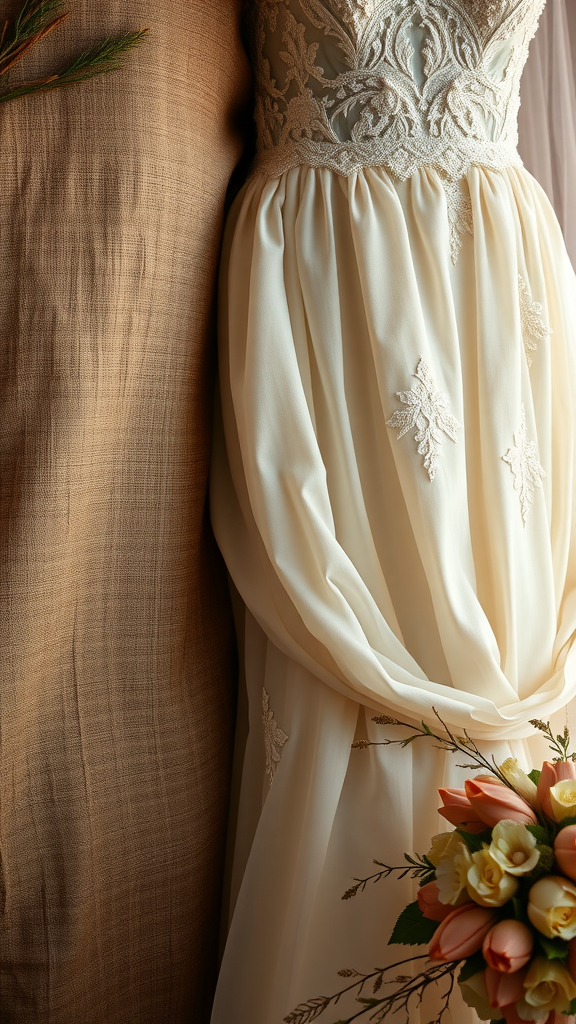 A wedding dress with earthy textures next to a burlap background, accompanied by a floral bouquet.