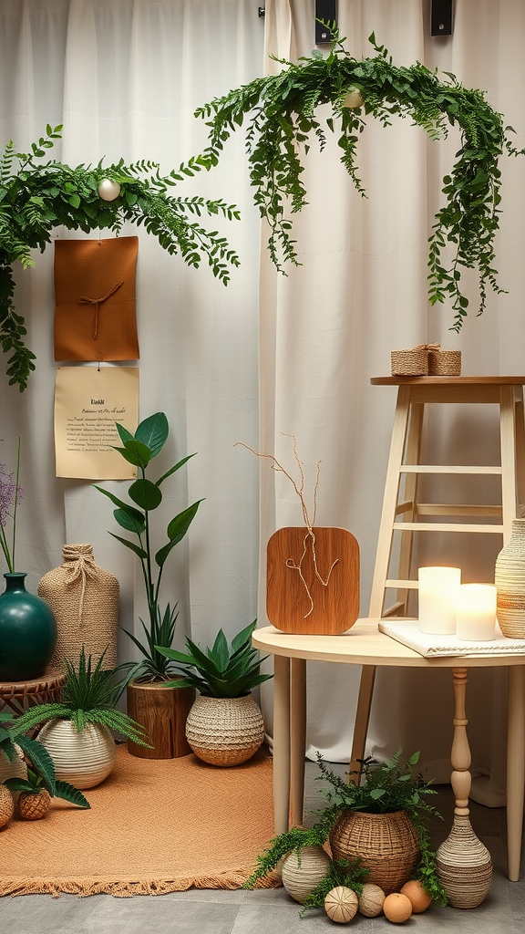 A cozy wedding setup featuring greenery, natural textures, and earthy tones.