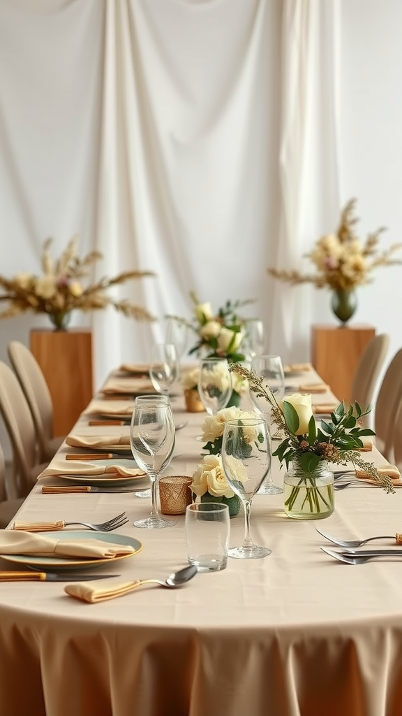 Table setting for an Earth Tone Wedding featuring beige linens and floral arrangements