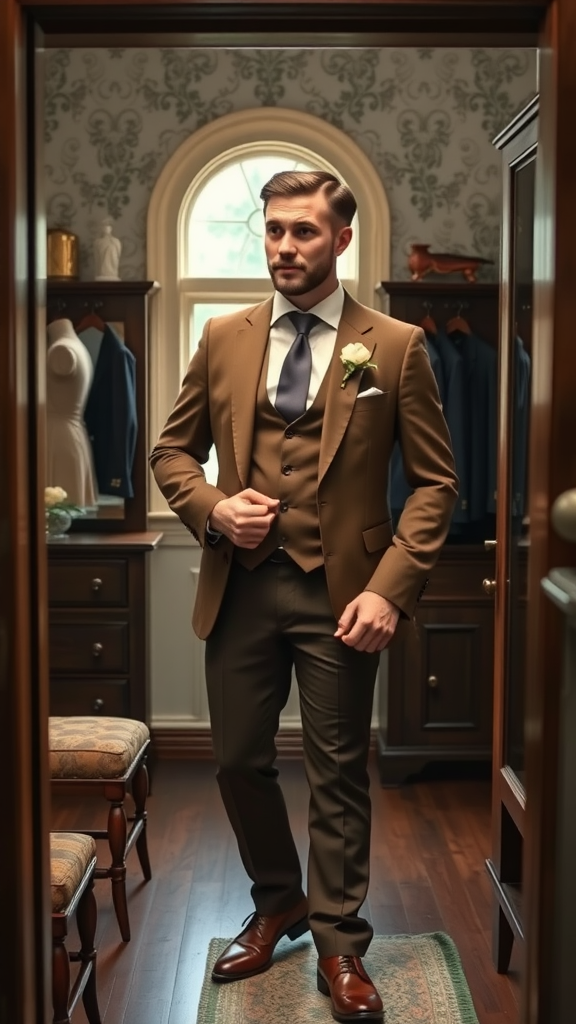 Groom in a brown earth tone suit with a white shirt and navy tie, looking stylish in a fitting room