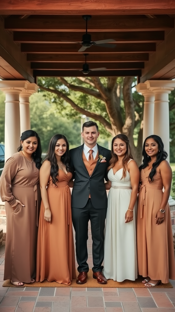 Groom's party in earth tone suits standing outdoors