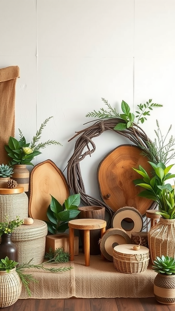 A display of natural textures featuring wooden pieces, woven baskets, and greenery.