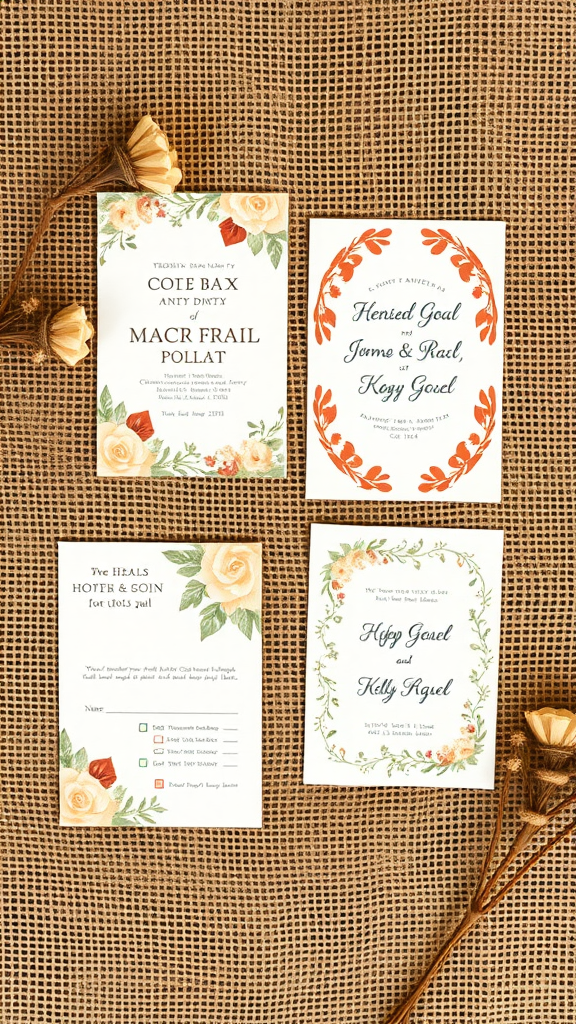Earth tone wedding invitations displayed on burlap with floral designs