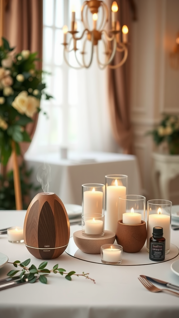 A beautifully arranged table for an Earth Tone Wedding featuring a diffuser, candles, and floral arrangements.