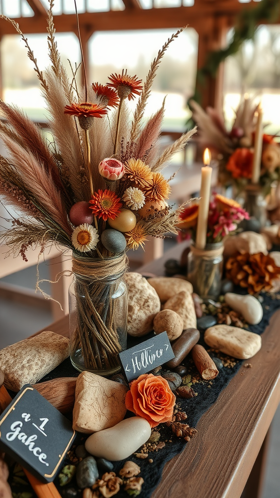 Decor featuring dried flowers, stones, and pumpkins for an Earth Tone Wedding