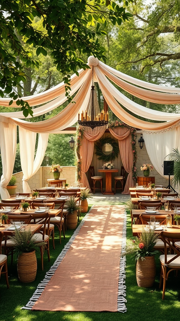 Outdoor wedding venue with draped fabric, wooden tables, and greenery.