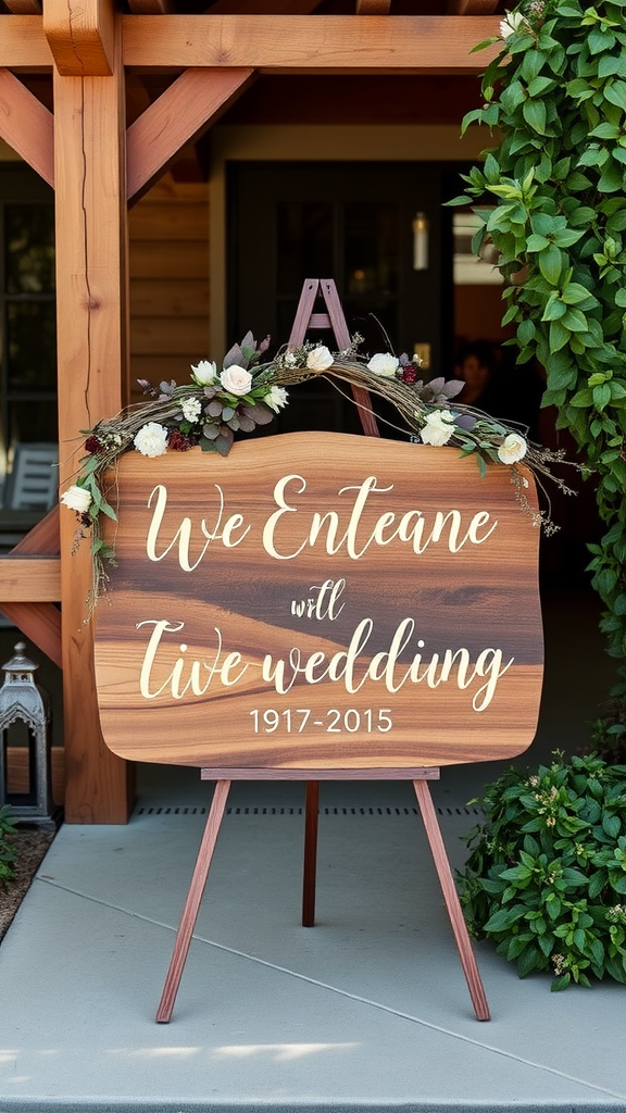 A wooden wedding sign with floral decoration welcoming guests to a venue.