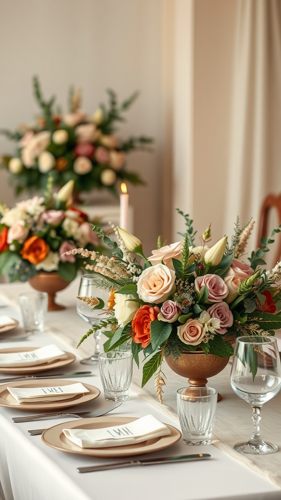 Rustic earth tone wedding centerpieces featuring floral arrangements in earthy colors with elegant table settings.