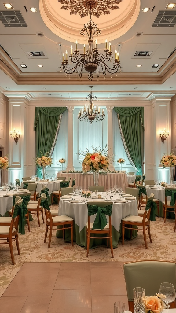 Elegant reception decor featuring sage green accents with round tables, floral arrangements, and a chandelier.