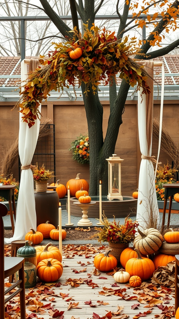 A beautifully decorated wedding setting with autumn leaves, pumpkins, and an arch made of foliage.