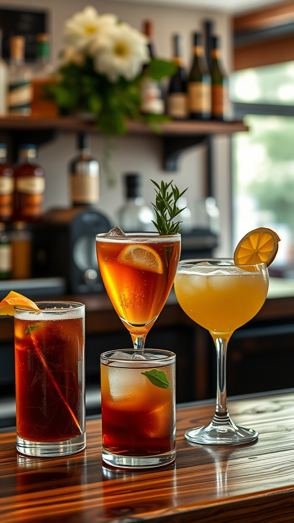 A selection of cocktails in earthy colors, featuring garnishes and a stylish presentation.