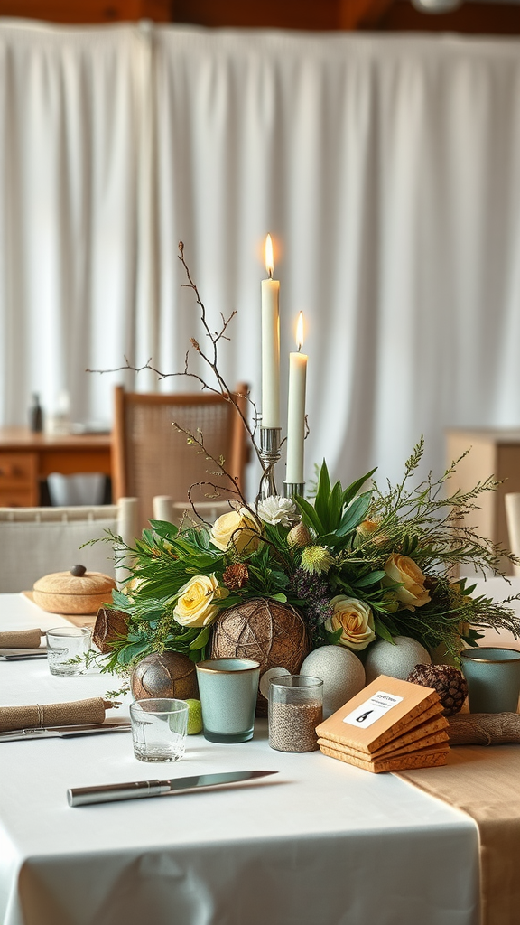 A beautifully arranged table centerpiece featuring flowers and earthy elements, perfect for an Earth Tone Wedding.