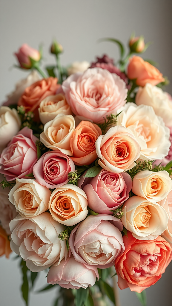 A vintage garden bouquet featuring roses and peonies in soft earth tones.