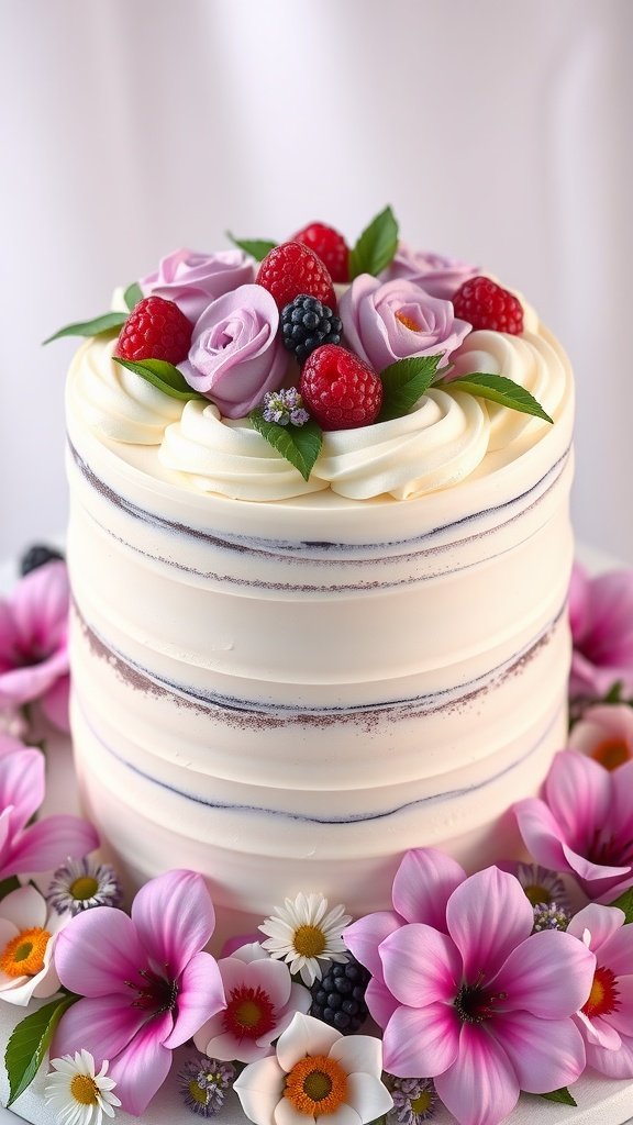 A beautiful Berry Lavender Cake topped with fresh berries and lavender flowers, perfect for a forest wedding.