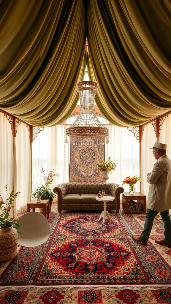 An interior space decorated in olive green with a vintage chandelier, a tufted sofa, and rich patterned rugs, evoking bohemian vibes.