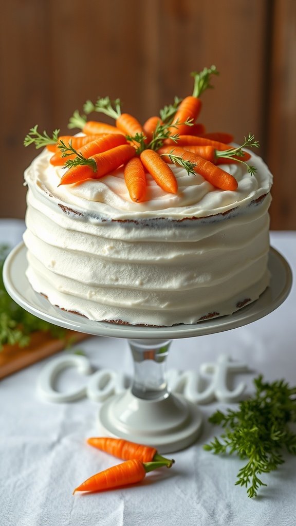 A beautifully decorated carrot cake with cream cheese frosting topped with fresh carrots and herbs, ideal for a forest wedding.
