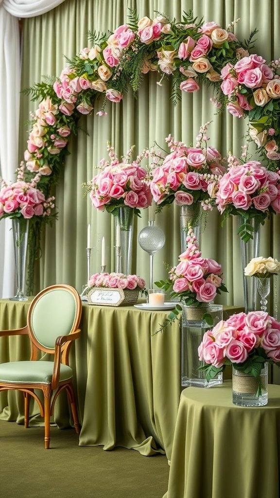 Wedding setup featuring olive green tablecloths and pink flower arrangements.