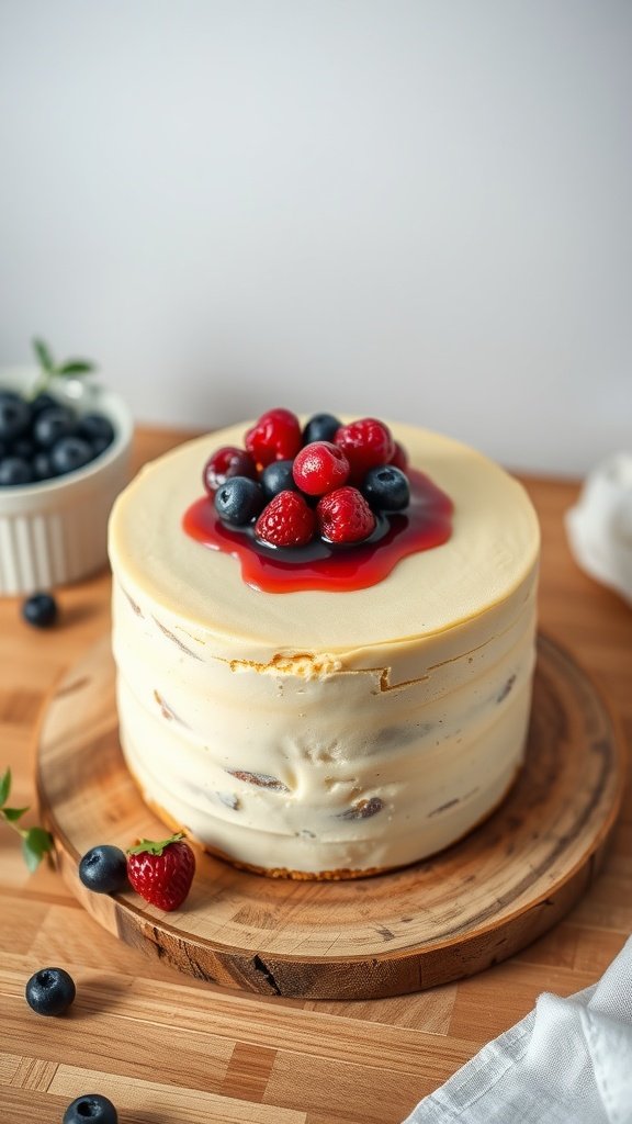 A beautiful cheesecake topped with a vibrant berry compote, perfect for forest wedding celebrations.